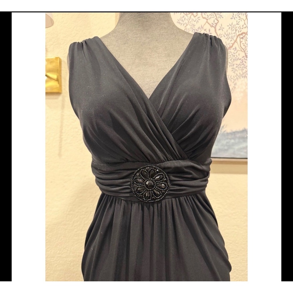 En Focus Studio Black Beaded Waist Maxi Dress Sleeveless V-Neck Gown Womens 8‎